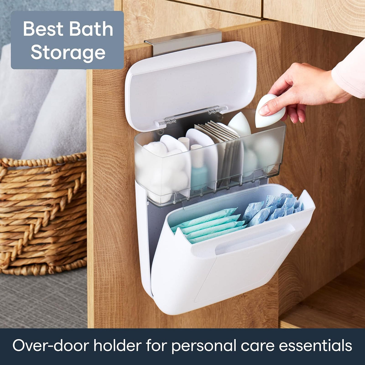 YouCopia DoorStash Organizador de artículos de Cambiador, Organizador Colgante para Puerta de clóset de baño con 3 Compartimentos Ajustables y Tapa Cubierta para organización de Accesorios
