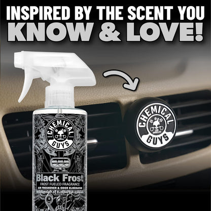 Chemical Guys Ambientador con Clip de Escarcha Negra de (Ideal para Automóviles, Camiones, todoterrenos, caravanas, Casas, oficinas, dormitorios y más) Paquete de 5 Unidades