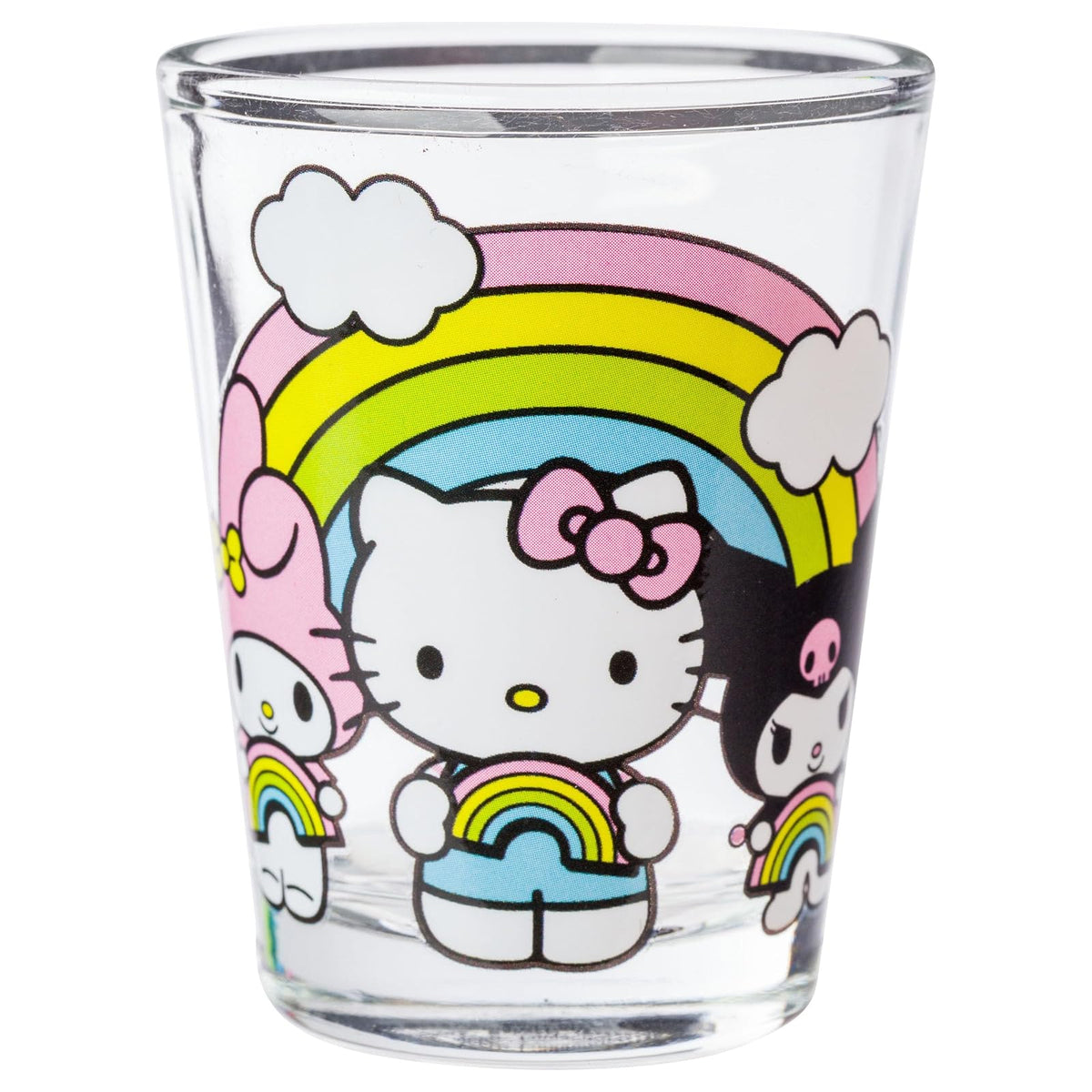 Silver Buffalo Sanrio Hello Kitty and Friends Rainbow con Badtz-Maru, My Melody, Cinnamoroll, Kuromi, Little individual Stars, Pochacco, Keroppi, Tuxedo Sam, Chococat, paquete de 4 mini anteojos, 1.5