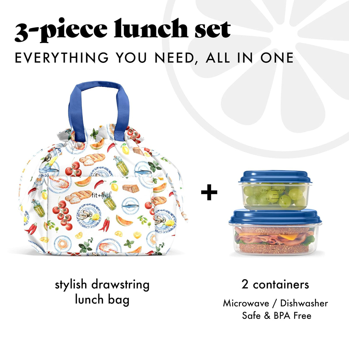 Fit & Fresh Cromwell - Bolsa de almuerzo con cordón para mujer, juego completo de almuerzo con 2 recipientes, resistente a las manchas, resistente a fugas, esencial para el regreso a la escuela
