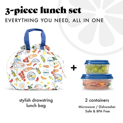 Fit & Fresh Cromwell - Bolsa de almuerzo con cordón para mujer, juego completo de almuerzo con 2 recipientes, resistente a las manchas, resistente a fugas, esencial para el regreso a la escuela