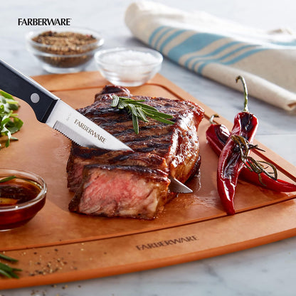 Farberware Juego de 4 cuchillos de carne de acero inoxidable con triple remache 'Never Needs Sharpening', color negro