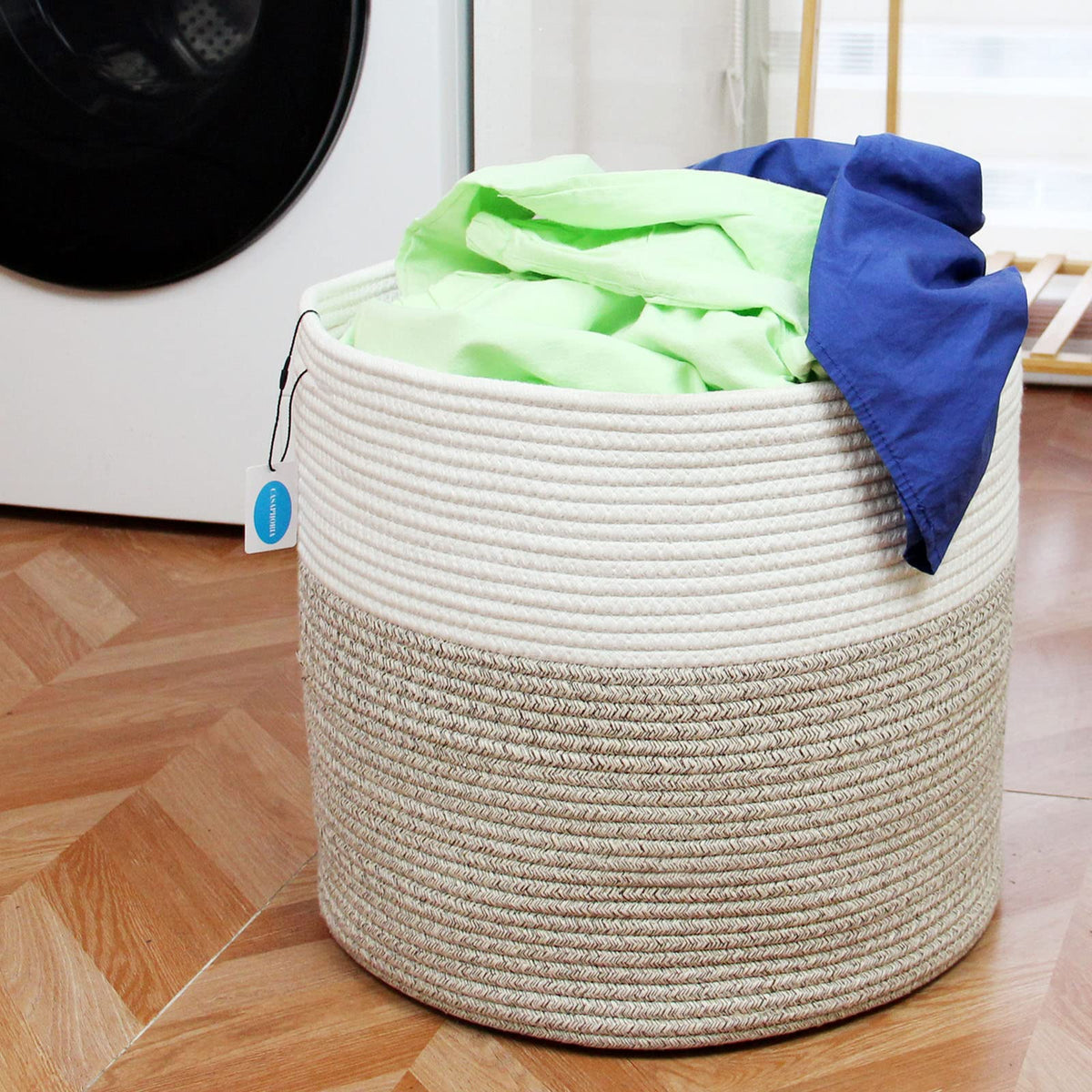 Casaphoria - Canastas grandes de almacenamiento de cuerda de algodón con asas para organizar, cestas redondas tejidas para almohadas, cuerda de algodón tejida alta para lavandería, recámara, baño,