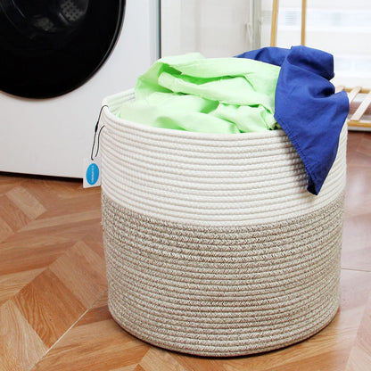 Casaphoria - Canastas grandes de almacenamiento de cuerda de algodón con asas para organizar, cestas redondas tejidas para almohadas, cuerda de algodón tejida alta para lavandería, recámara, baño,