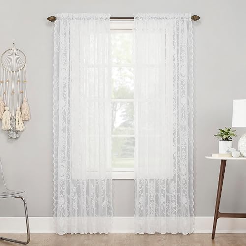 No. 918 Ariella - Panel de Cortina con Bolsillo para Barra de Encaje Floral, 58 x 63 Pulgadas, Color Blanco