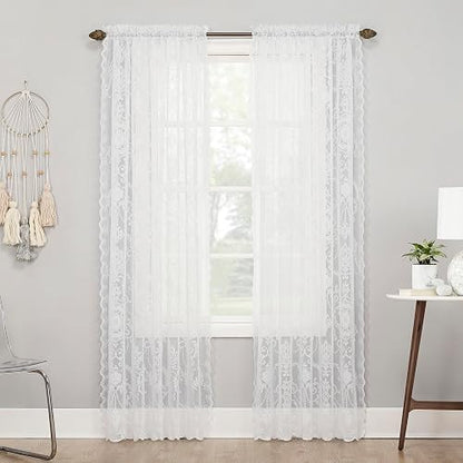 No. 918 Ariella - Panel de Cortina con Bolsillo para Barra de Encaje Floral, 58 x 63 Pulgadas, Color Blanco