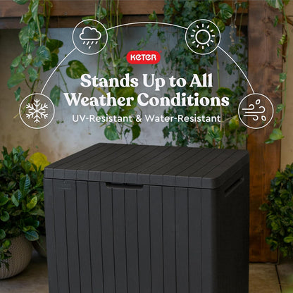 Keter City - Caja de resina de 30 galones para muebles de patio, accesorios de alberca y almacenamiento para juguetes al aire libre, color gris