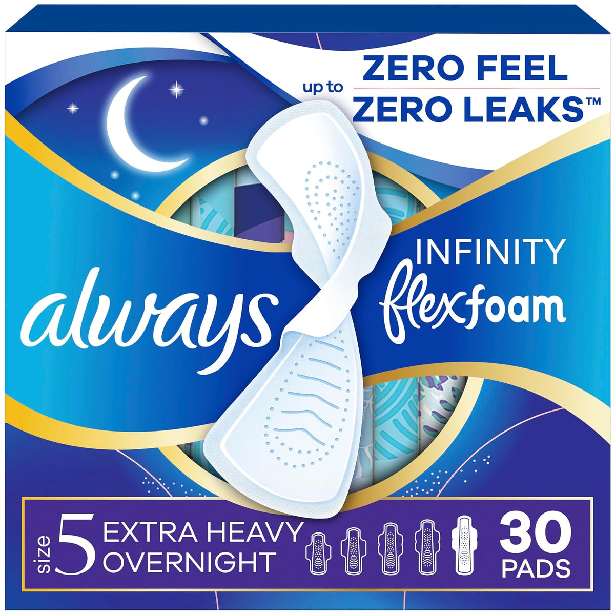 Always Infinity FlexFoam Almohadillas para mujer, talla 5, extra pesadas durante la noche con alas, 30 unidades