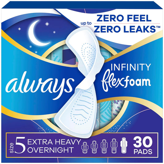 Always Infinity FlexFoam Almohadillas para mujer, talla 5, extra pesadas durante la noche con alas, 30 unidades