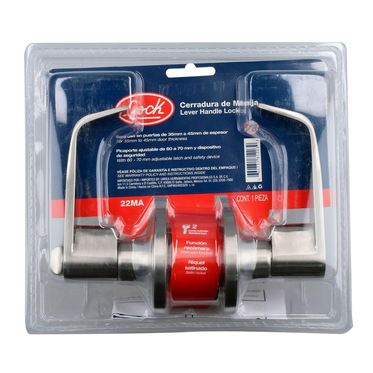 Lock 22MA Lock Manija tubular rect func recámara acabado níquel satina, color, pack of/paquete de 1