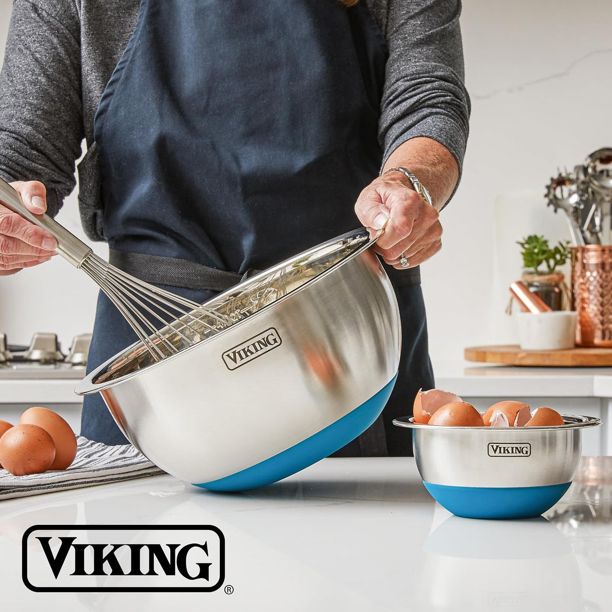 VIKING - Juego de cuencos para mezclar, 10 piezas de acero inoxidable, base de silicona antideslizante, incluye tapas ajustadas, aptas para lavaplatos, color azul