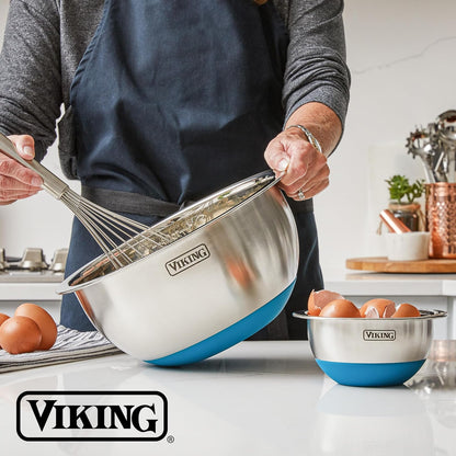 VIKING - Juego de cuencos para mezclar, 10 piezas de acero inoxidable, base de silicona antideslizante, incluye tapas ajustadas, aptas para lavaplatos, color azul