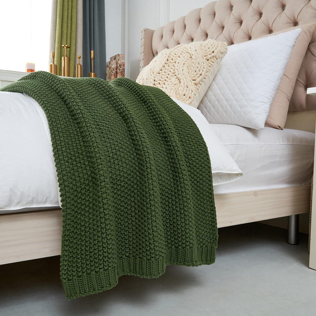 Longhui bedding - Cobija de punto trenzado grueso, ligera, 100 % algodón orgánico, para sofá, cama y guardería, estilo rústico, elegante y moderno, verde oliva, 129.54 x 160.02 cm, bolsa de lavado