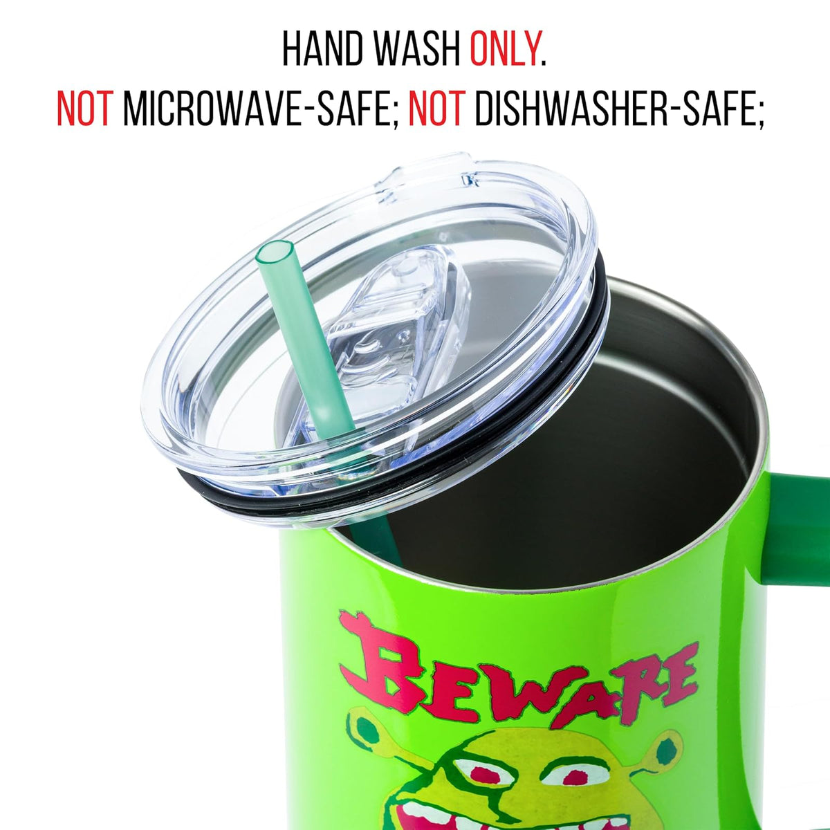 Silver Buffalo Shrek Beware - Vaso de acero inoxidable con mango y popote, se adapta a portavasos estándar, 40 onzas