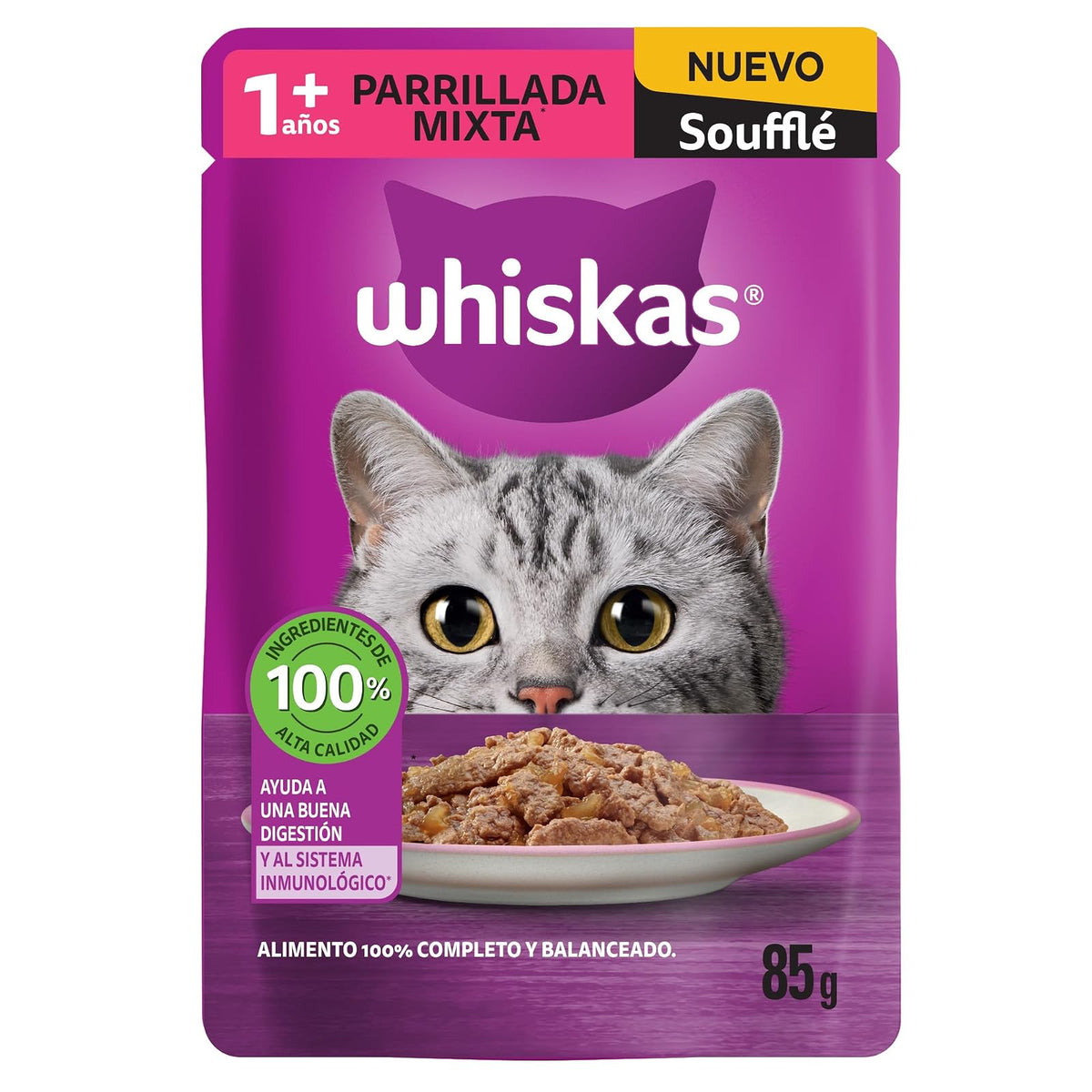 Whiskas 10175039 Alimento Húmedo para Gato Adulto con Sabor a Soufflé Parrillada Mixta, 85 gr x 24 uds, Morado