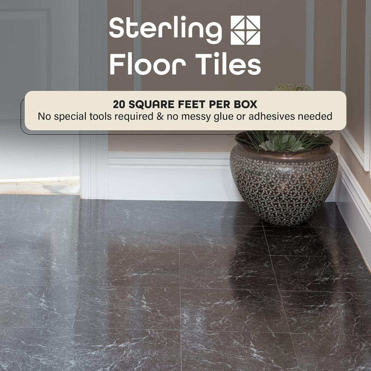 Sterling - Azulejos autoadhesivos de vinilo de 12 pulgadas, 20 azulejos, 12 x 12 pulgadas, negro con vena blanca, despegar y pegar, suelos de bricolaje para cocina, comedor, dormitorios y baños de