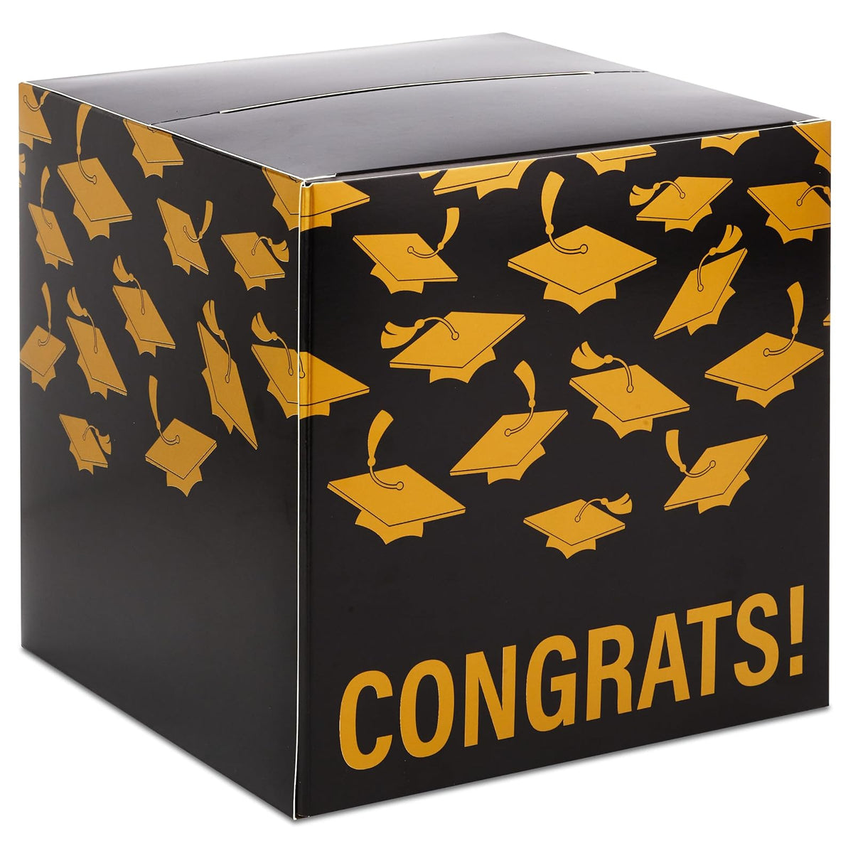 Hallmark - Caja para tarjetas de graduación de 8 pulgadas (oro y negro, felicidades!) Caja de cartón plegable para fiestas de posgrado y casas abiertas