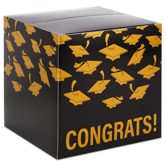 Hallmark - Caja para tarjetas de graduación de 8 pulgadas (oro y negro, felicidades!) Caja de cartón plegable para fiestas de posgrado y casas abiertas