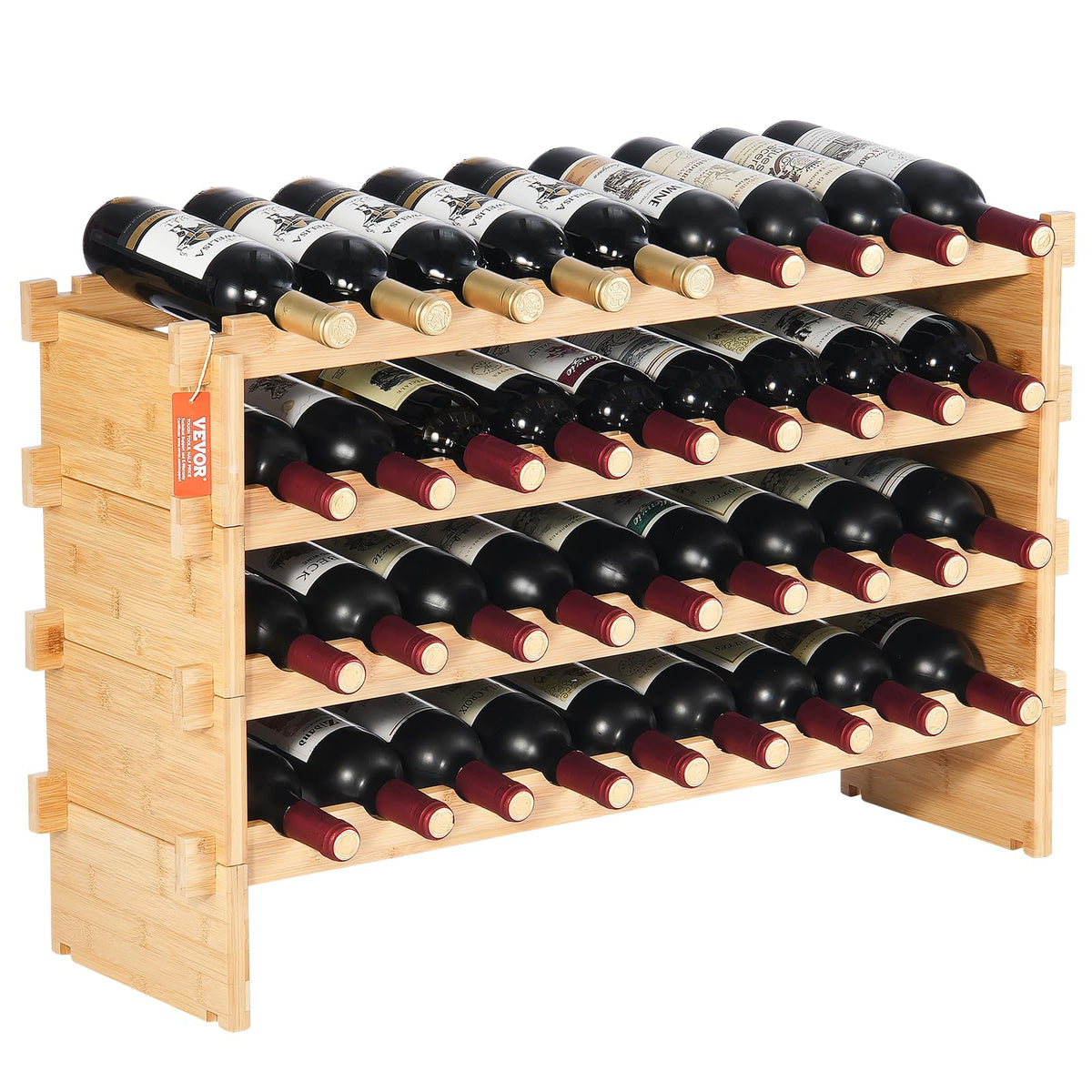 VEVOR Botellero Apilable de Vino 36 Botellas Estante de Almacenamiento de Bambú 850x250x525 mm Botellero Independiente de 4 Niveles Estantes sin Sacudidas para Cocina, Bar, Bodega, Color Natural