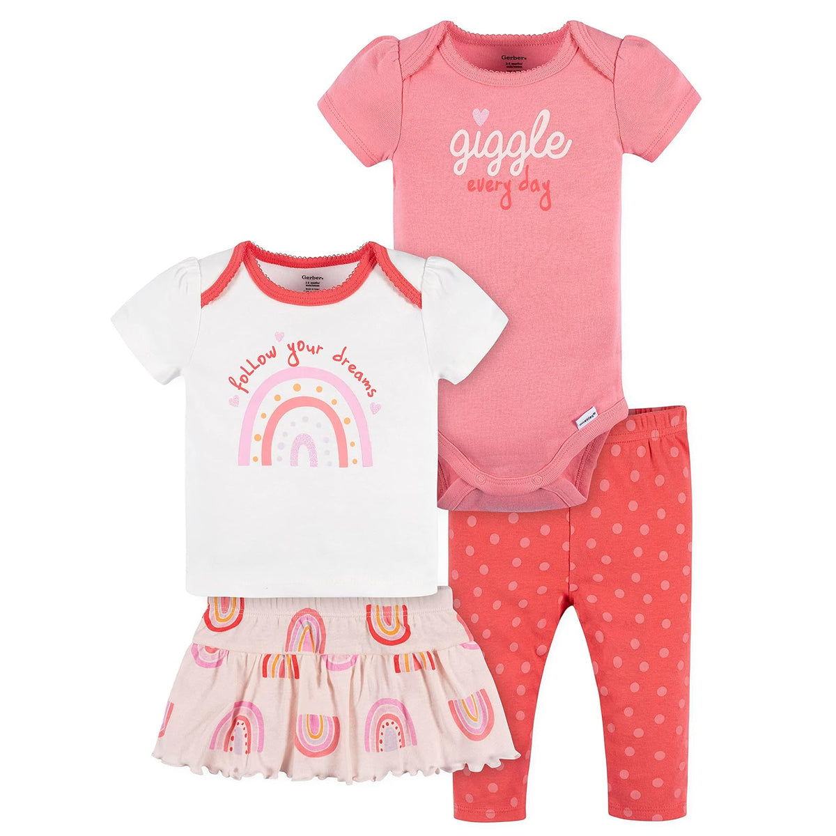 Gerber Estampado Set 4 Piezas: 2 Playeras, Falda y Legging para Bebé-Niñas