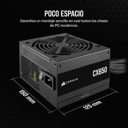 Corsair CX650 ATX 650W Fuente de Alimentación - Eficiencia 80 Plus Bronze - Bajo Ruido - Cables con Funda - No Modular - NA - Negro