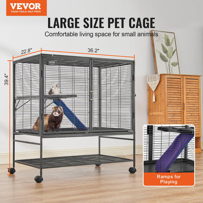 VEVOR Jaula de hurón de Metal rodante de 39 Pulgadas, Jaula Grande de 2 Niveles, Jaula de Animales pequeños con rampas y Bandeja, fácil de Instalar para Ratones de Mascotas, hámster, Conejillo de