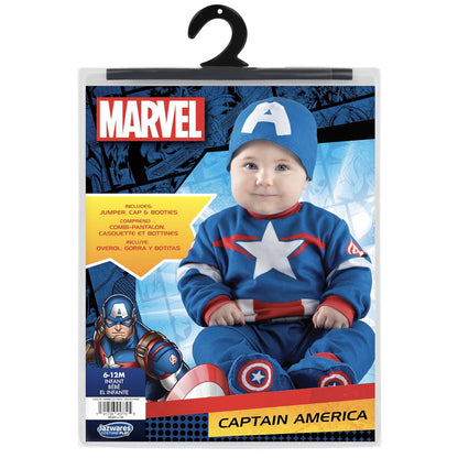 Marvel Captain America Official Infant Halloween Costume - Premium Minky Fabric Jumpsuit and Non-Slip Booties
