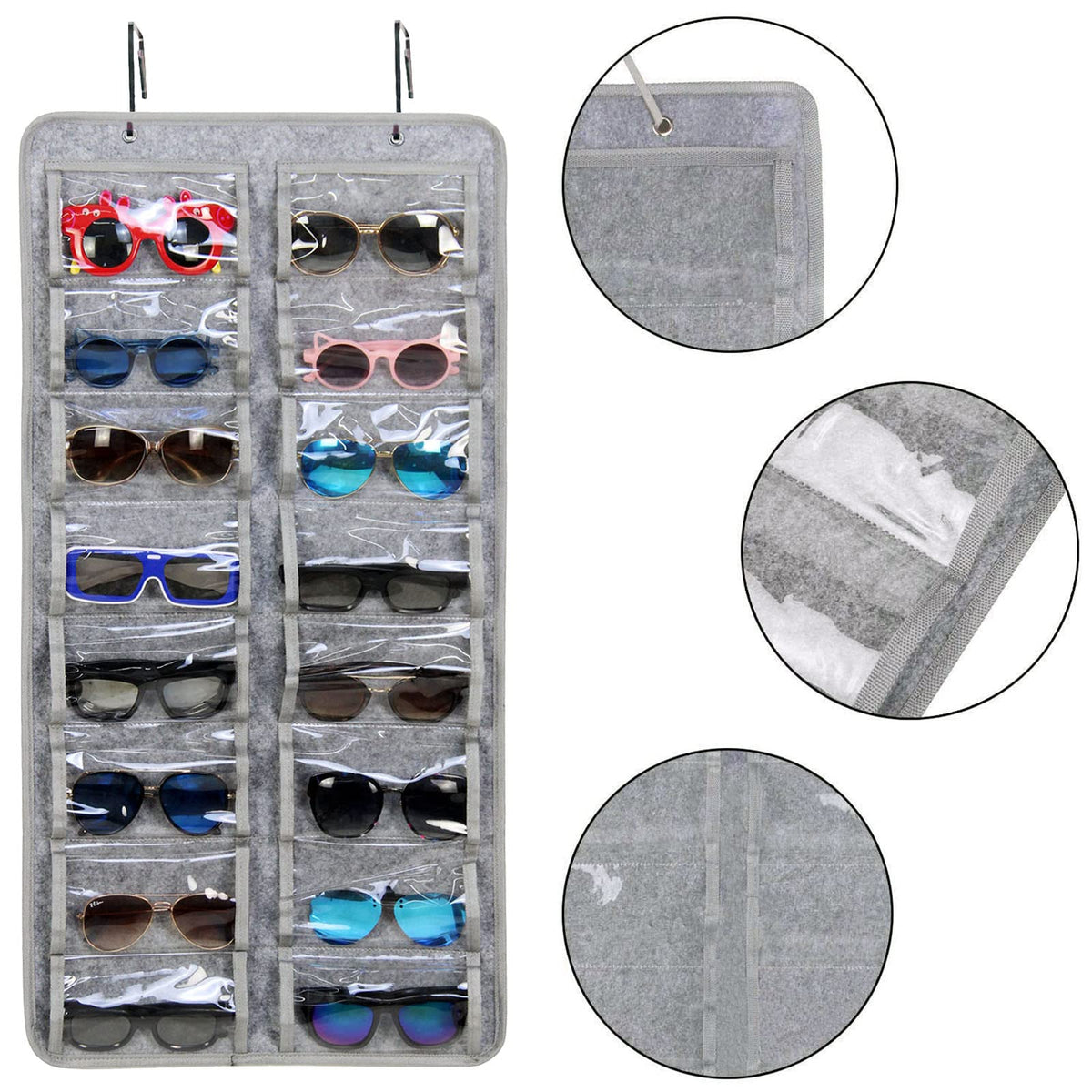 Casaphoria Organizador de anteojos de sol para colgar, a prueba de polvo, bolsillo de pared, organizador de anteojos de sol, 16 ranuras de fieltro, soporte organizador con gancho de metal y cuerda