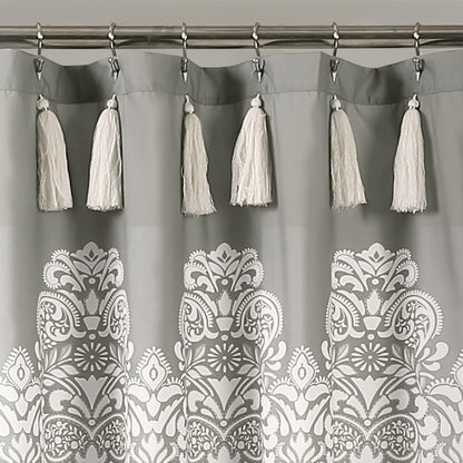 Lush Decor - Cortina de Ducha con medallón Bohemio, diseño Bohemio de Damasco con borlas, 72 x 72 Pulgadas, Color Gris