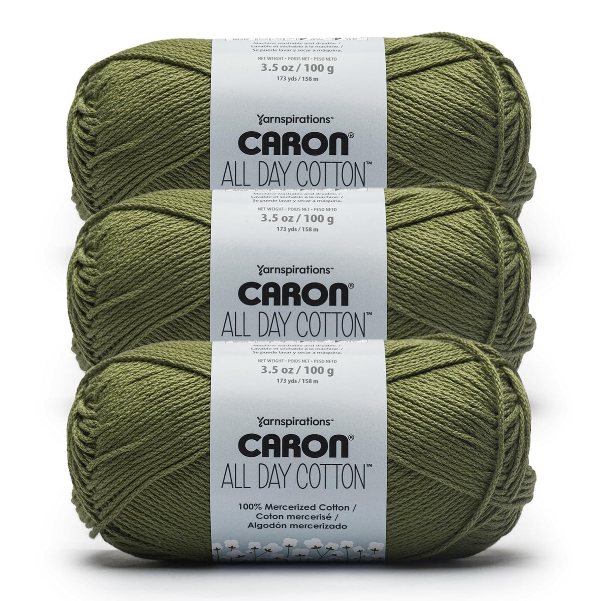 Caron All Day Cotton, Paquete de 3, 100% Algodón Mercerizado, Camisa Blanca - Musgo