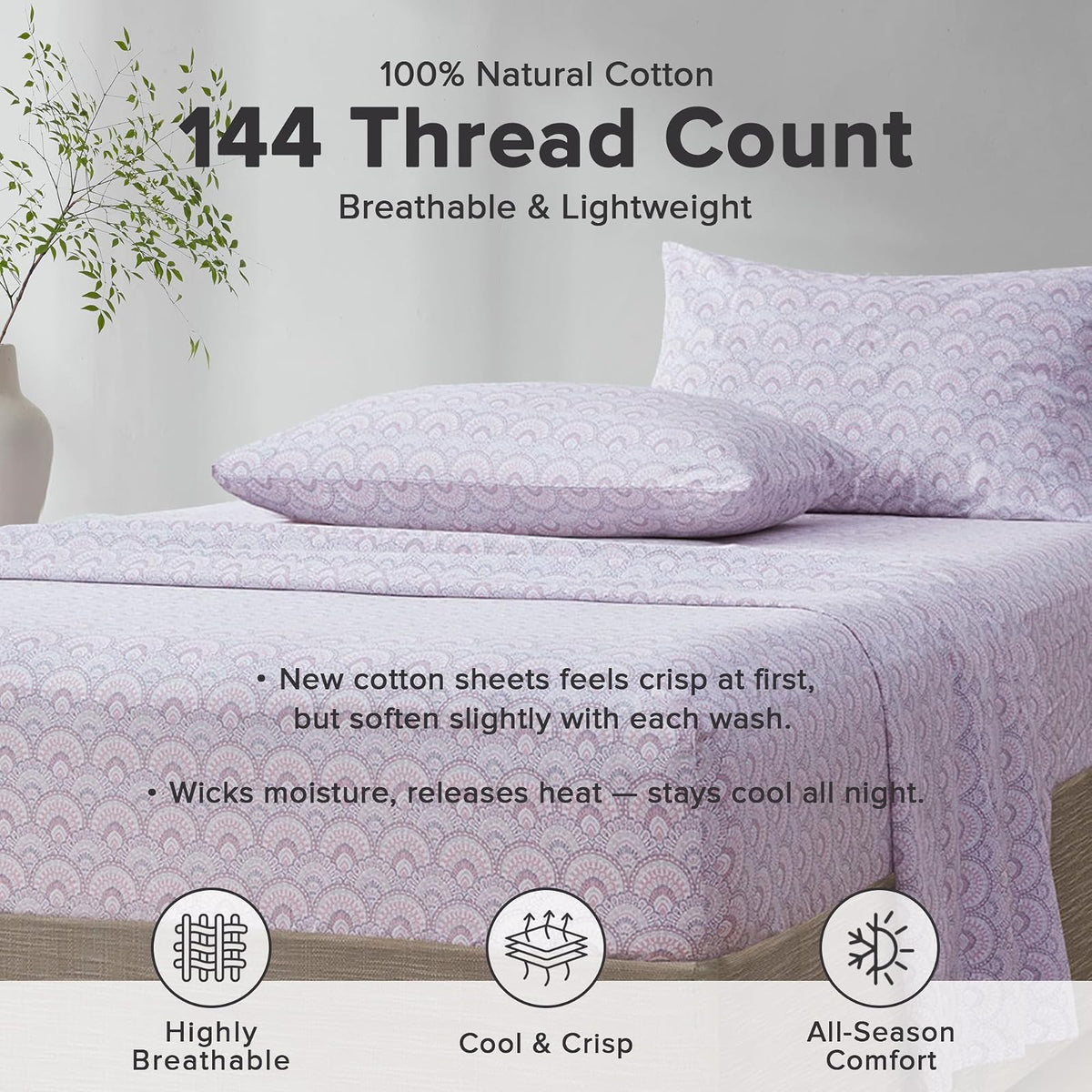 Comfort Spaces - Juego de sábanas de algodón de 144 hilos, transpirable, ligero, suave con bolsillo profundo elástico, ropa de cama moderna para todas las estaciones, funda de almohada a juego, King, morado Tabitha, 4 piezas