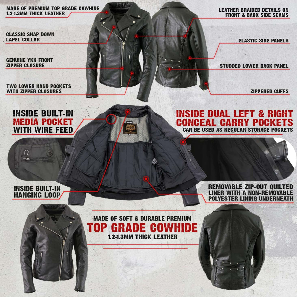 Milwaukee Leathher Milwaukee LKL27001 - chamarra clásica trenzada de piel negro de alta calidad ajustada para motociclistas, talla S