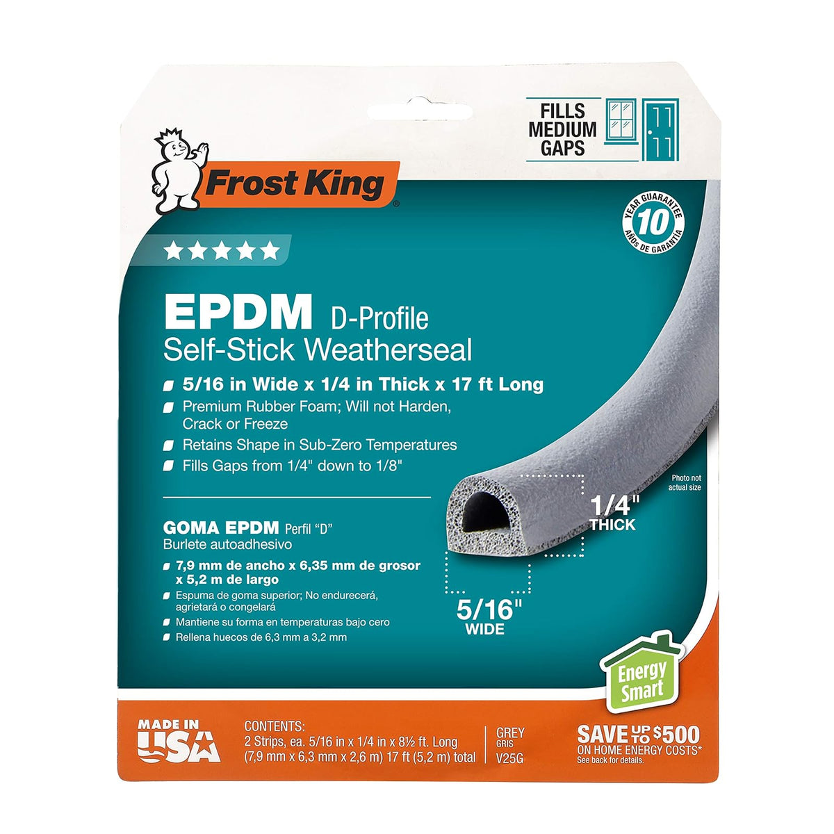Frost King V25GA Cinta de hule resistente a la intemperie de 0.95 cm por 0.64 cm por 518.50 cm, gris, Gris