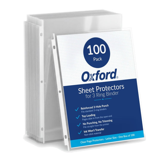 Protectores de hoja Oxford, acabado transparente, carga superior, mangas de plástico tamaño carta, perforador reforzado de 3 agujeros para carpetas, hojas para carpeta de 3 anillos, 100 por caja