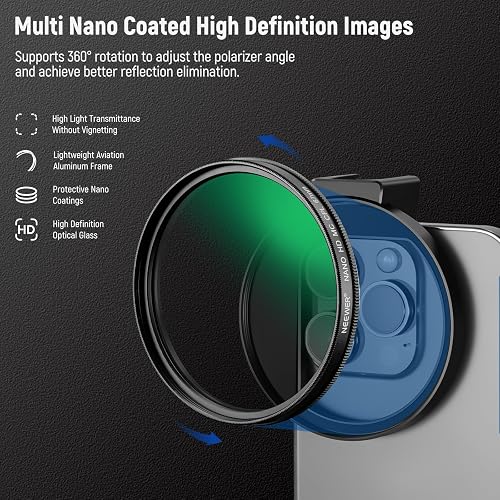 NEEWER CPL Filtro para Móvil, 67mm Lente de Cámara Filtro Polarizador con Clip de Móvil Zapata Fría Compatible con iPhone 16 15 14 Pro MAX 13 Pro MAX 13 Mini 12 11 X XS MAX Samsung Galaxy, FL-27