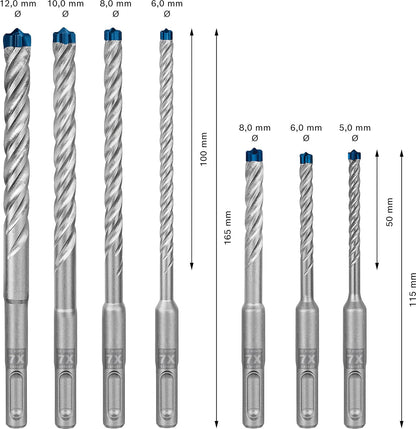 Bosch Juego de Brocas EXPERT SDSPlus7X 7und | Para piedra blanda, piedra dura, Ø 5,00, 6,00, 8,00, 6,00, 8,00, 10,00, 12,00 mm, accesorio profesional martillo giratorio