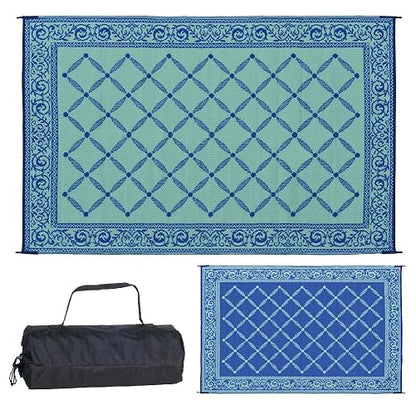 Stylish Camping 116093 - Tapete reversible de 6 pies por 9 pies, alfombra de paja de plástico, tapete grande para exteriores, RV, patio, patio, picnic, playa, camping (azul/verde claro)