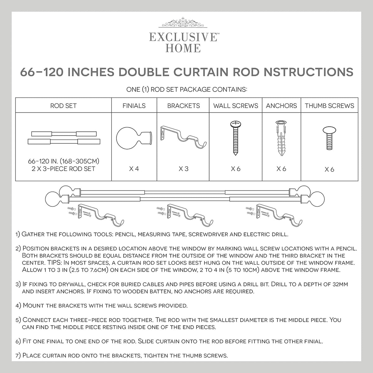 Exclusive Home Cortinas - ER1028-06 66120 - Barra de Cortina Doble Envolvente, 66-120 Pulgadas, Negro Mate