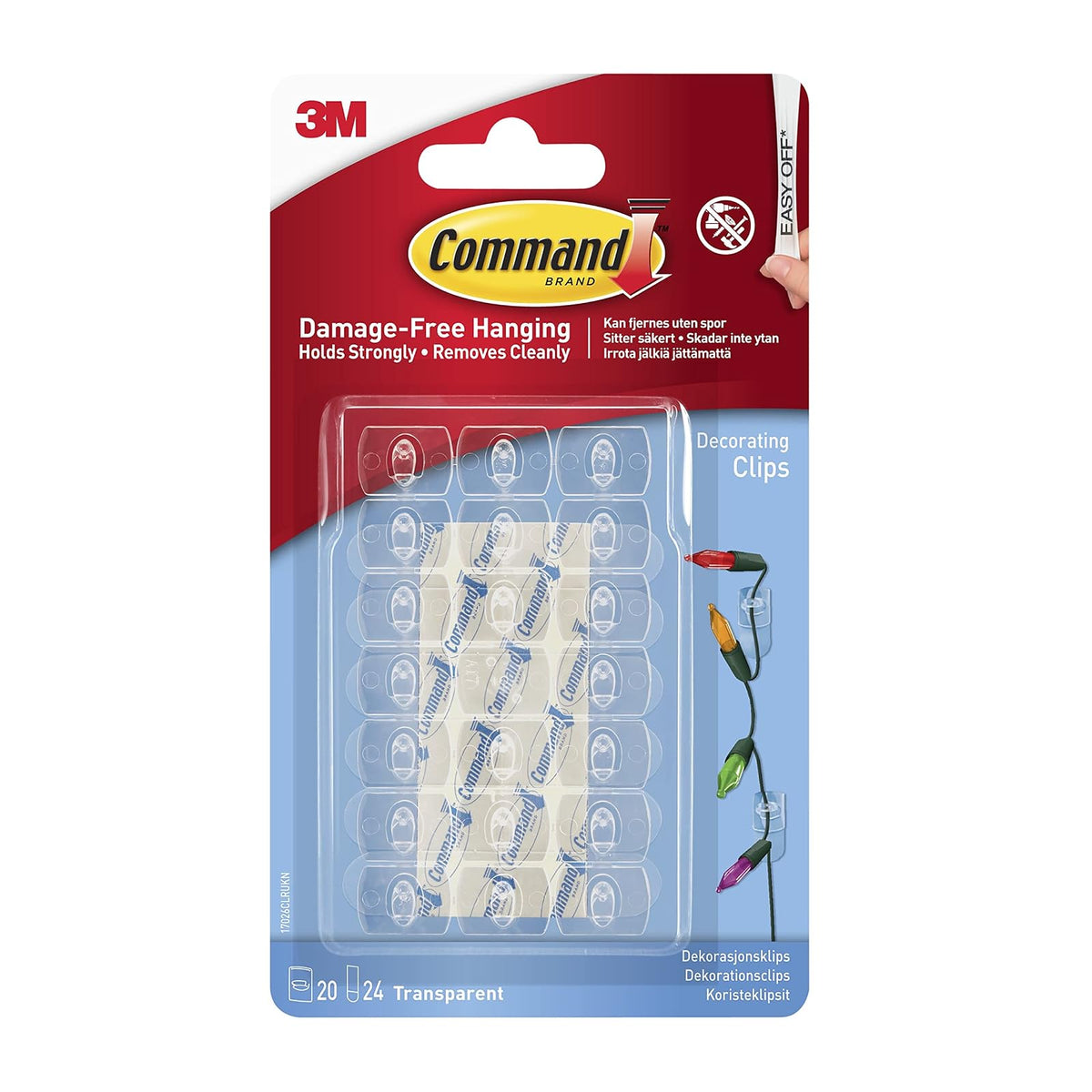 Command Clips de luz para exteriores, transparentes, 20 clips, 24 tiras, decoran sin daños + 3M Command Ganchos Decorativos, Mini, Transparentes (Modelo 17026CLR)
