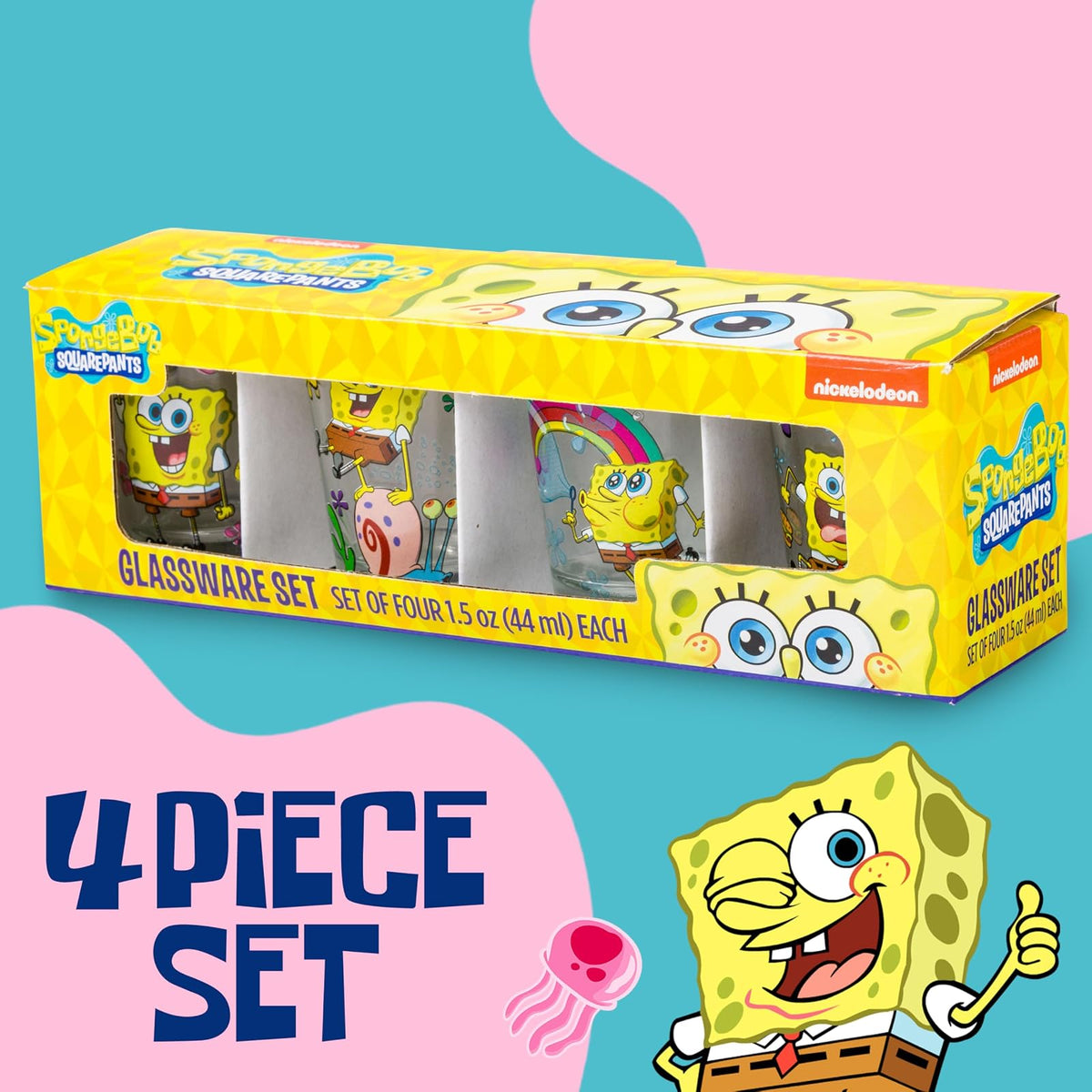 Silver Buffalo SpongeBob - Pantalones cuadrados con Gary Poses Floral Krabby Patty Paquete de 4 mini, juego de vidrio, 1.5 onzas