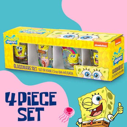 Silver Buffalo SpongeBob - Pantalones cuadrados con Gary Poses Floral Krabby Patty Paquete de 4 mini, juego de vidrio, 1.5 onzas