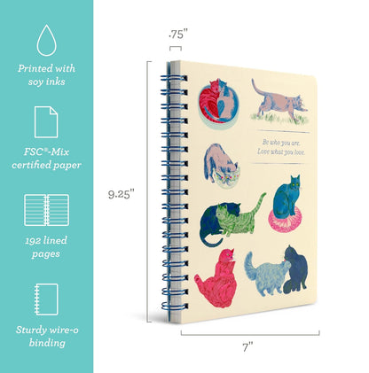 Spiral Notebook: Be Who You Are. Love What You Love. | Tema de gatos, 192 páginas rayadas, 7x9.25 pulgadas, cubierta papel metálico