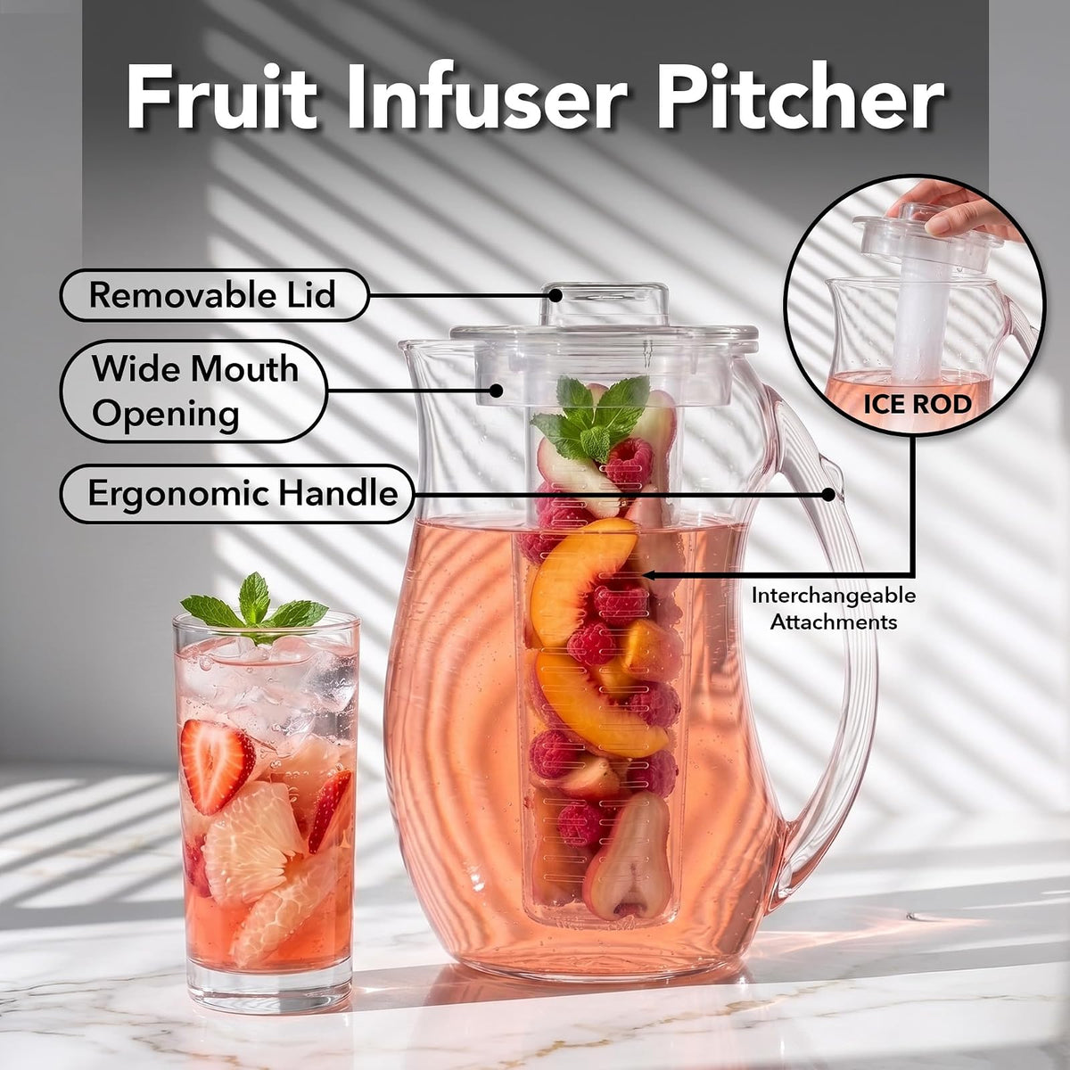 OVENTE - Jarra de agua para infusión de frutas de 2.5 l (85 onzas) con tapa extraíble y barra de infusor, jarra de bebidas acrílica sin BPA, ideal para bebidas con sabor a limonada, jugo, té helado y
