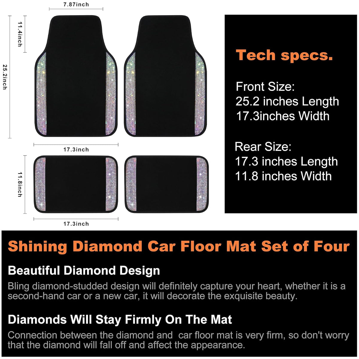 VarCozy - Alfombrillas de piso de diamantes de imitación para automóviles, alfombrillas de vidrio brillante con almohadilla antideslizante para el talón para mujer, 4 alfombrillas universales de diamante brillante para SUV, sedán, multicolor
