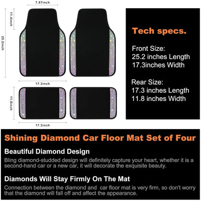 VarCozy - Alfombrillas de piso de diamantes de imitación para automóviles, alfombrillas de vidrio brillante con almohadilla antideslizante para el talón para mujer, 4 alfombrillas universales de diamante brillante para SUV, sedán, multicolor