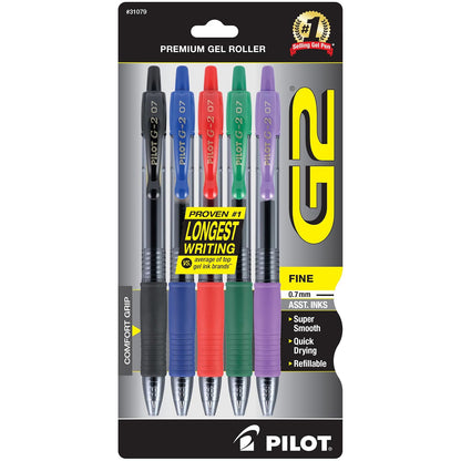 Pilot G2 Bolígrafos de Gel Recargables Punta Fina 0.7 mm - Variado (Negro - Azul - Rojo - Verde - Púrpura) - Paquete de 5