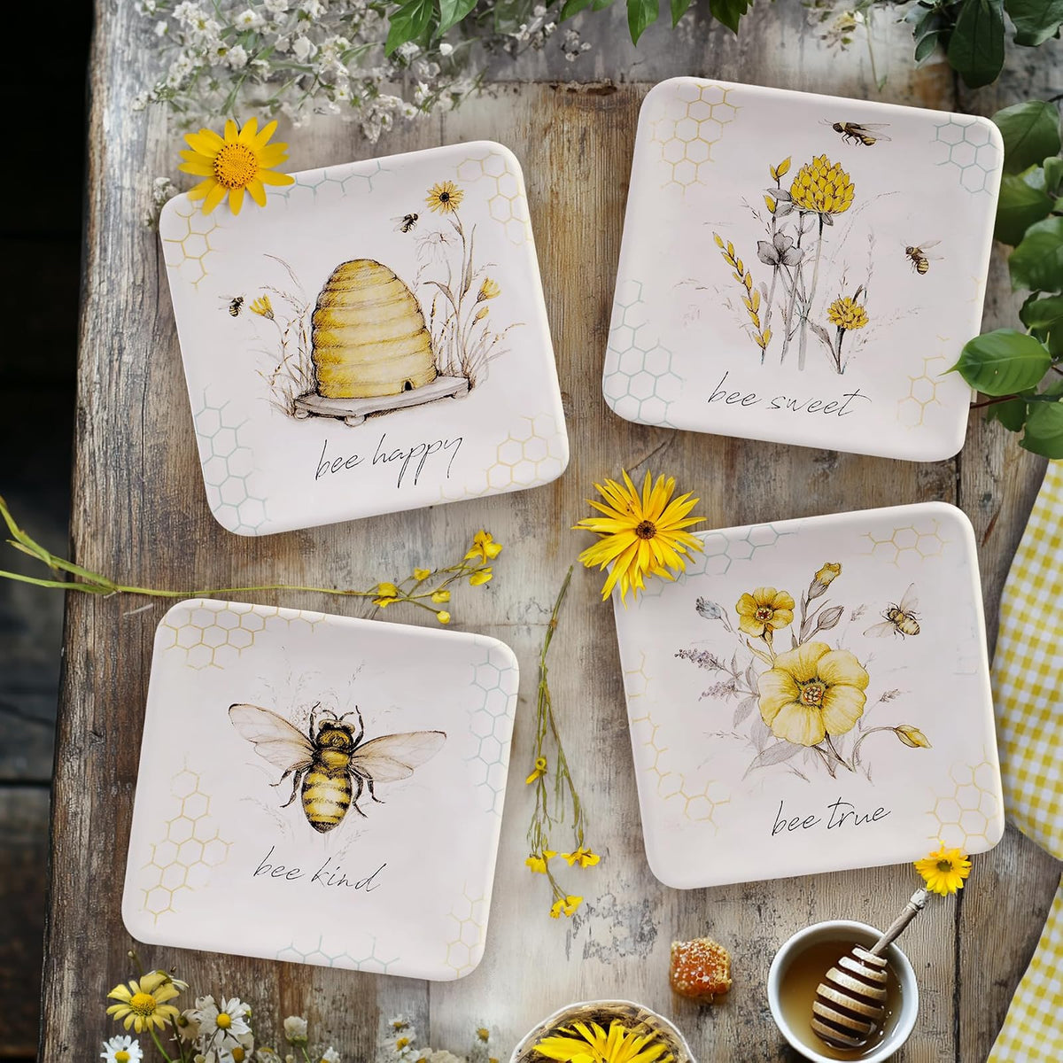 Bee Sweet - Platos de canapé y almuerzo de 6 pulgadas, juego de 4 diseños surtidos de abejas y florales con refranes edificantes, platos de aperitivo de cerámica duraderos para entretenimiento de