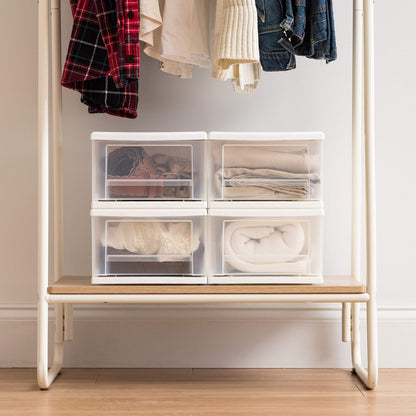 IRIS USA 6.6 L Pequeño Cajón Apilable de Plástico, Paquete de 4, Organizador con Cajón Deslizable para Dormitorio Cocina Debajo del Fregadero Despensa Dormitorio Oficina, Blanco