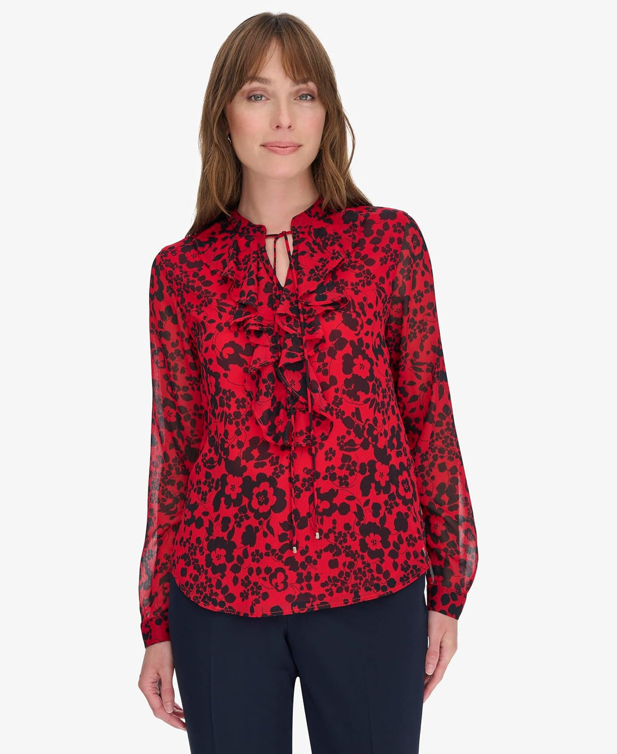 Tommy Hilfiger Camisa Manga Larga con Volantes Floral Rojo para Mujer