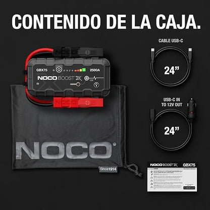 NOCO Boost X GBX75: Arrancador de batería de Auto 2500A – Booster de Litio portátil 12V, Power Bank y Cables para Pasar Corriente – para Motores de Gasolina hasta 8.5L y diésel hasta 6.5L